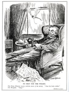 Lloyd George wordt verhinderd te rusten door de moeilijkheden veroorzaakt door industriële onrust in Groot-Brittannië en daarnaast de problemen van Ierland, oktober 1919 door Leonard Raven Hill